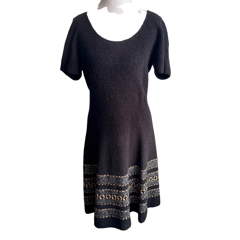1980s St John Knits Dress Black Gold Metallic Border Scoop Neck Short Sleeve 10